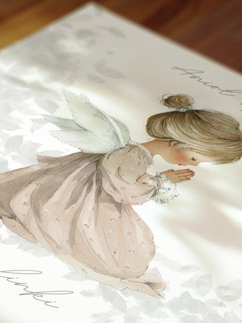 Anioł Stróż w kwadratowej drewnianej ramce dla dziewczynki