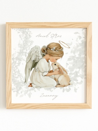 Anioł Stróż w kwadratowej drewnianej ramce dla dziewczynki