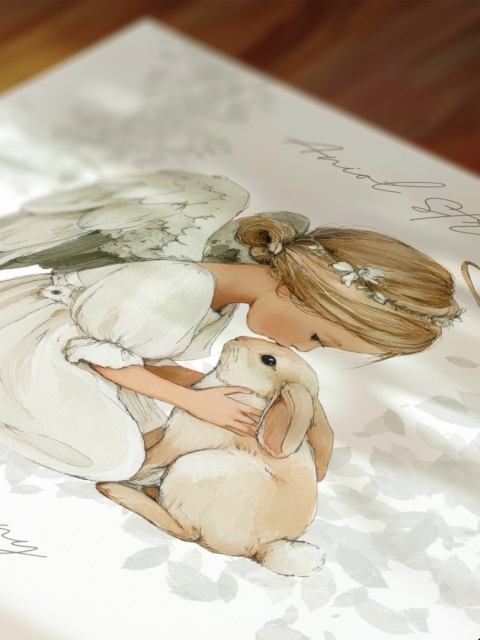 Anioł Stróż w kwadratowej drewnianej ramce dla dziewczynki