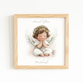 Anioł Stróż w kwadratowej drewnianej ramce dla dziewczynki