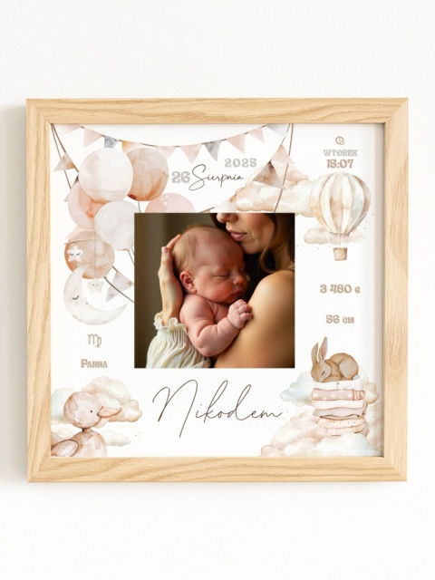Metryczka urodzeniowa ze zdjęciem dziecka – personalizowana ilustracja w kwadratowej drewnianej ramce