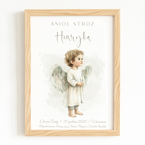 Anioł Stróż z imieniem dziecka, pamiątka Chrztu dla chłopca