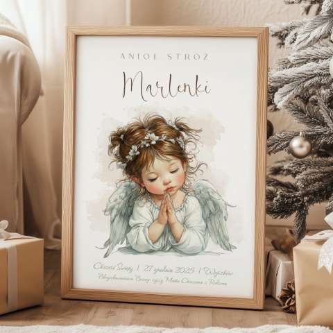 Anioł Stróż z imieniem dziecka, pamiątka Chrztu dla dziewczynki