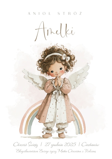 Anioł Stróż z imieniem dziecka, pamiątka Chrztu dla dziewczynki