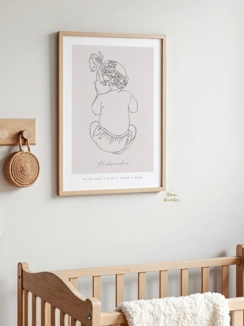 Minimalistyczna metryczka line art beige dla dziewczynki