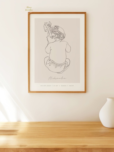 Minimalistyczna metryczka line art beige dla dziewczynki