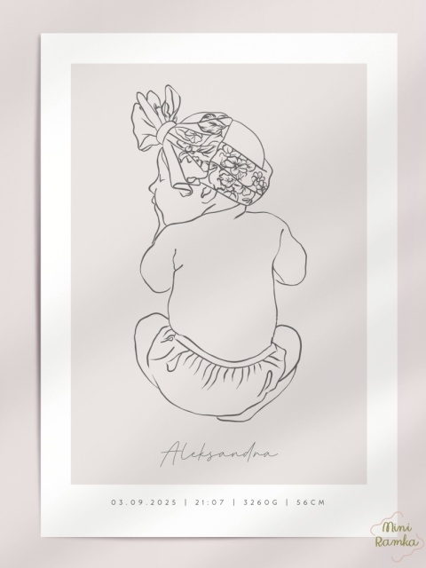 Minimalistyczna metryczka line art beige dla dziewczynki