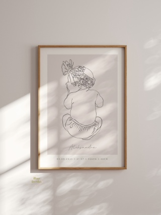 Minimalistyczna metryczka line art beige dla dziewczynki