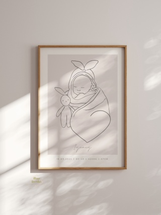 Minimalistyczna metryczka line art beige z króliczkiem