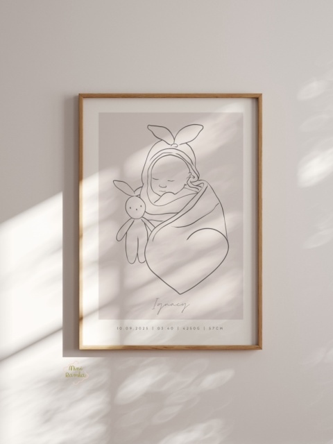 Minimalistyczna metryczka line art beige z króliczkiem