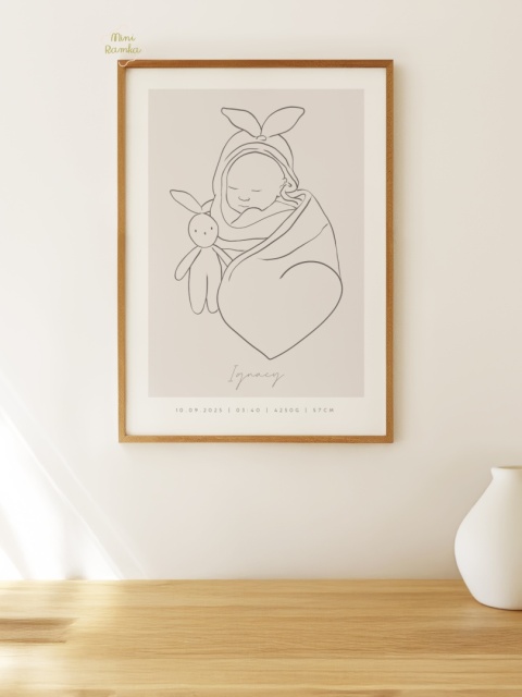 Minimalistyczna metryczka line art beige z króliczkiem