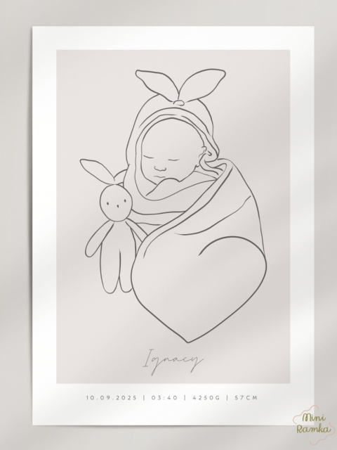 Minimalistyczna metryczka line art beige z króliczkiem