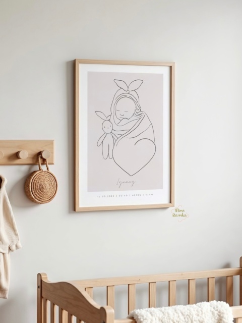 Minimalistyczna metryczka line art beige z króliczkiem
