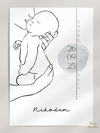 Minimalistyczna metryczka line art - blue watercolour drop