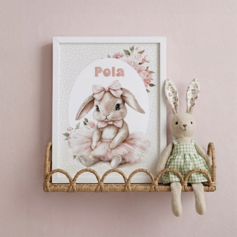 Plakat Króliczek Balerina z kokardkami i z imieniem, dekoracja do pokoju dziewczynki