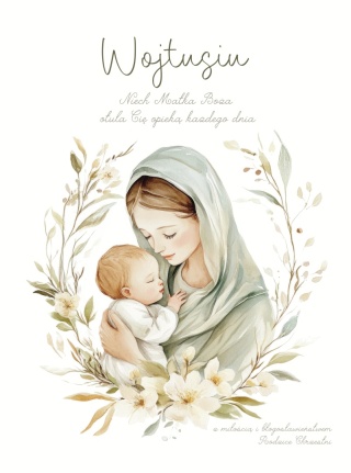 Pamiątka Chrztu lub prezent na narodziny dla chłopca lub dziewczynki, obrazek religijny Opieka Matki Bożej