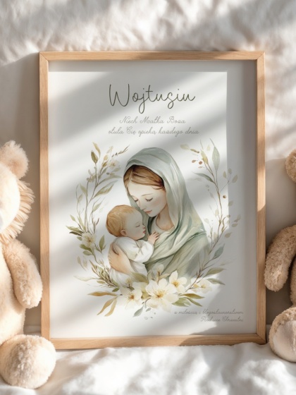 Pamiątka Chrztu lub prezent na narodziny dla chłopca lub dziewczynki, obrazek religijny Opieka Matki Bożej