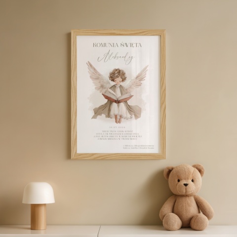 Pamiątka Pierwszej Komunii Świętej z imieniem – obrazek z Aniołem Stróżem w ramce (personalizowany prezent)