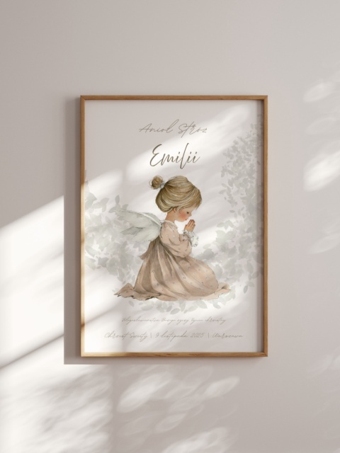 Personalizowany plakat Anioł Stróż pamiątka Chrztu Świętego dla dziewczynki