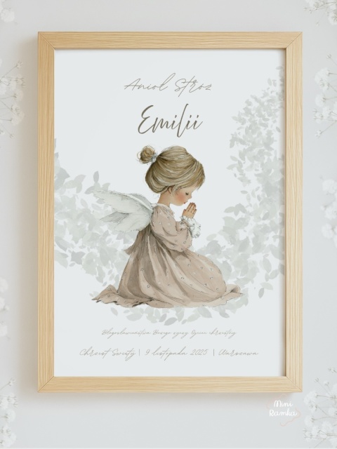 Personalizowany plakat Anioł Stróż pamiątka Chrztu Świętego dla dziewczynki