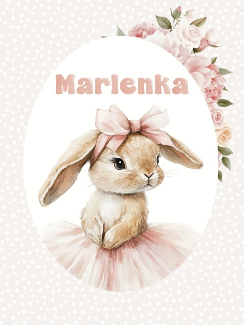 Plakat Króliczek Balerina z kokardą i z imieniem, dekoracja do pokoju dziewczynki