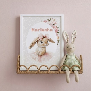 Plakat Króliczek Balerina z kokardą i z imieniem, dekoracja do pokoju dziewczynki
