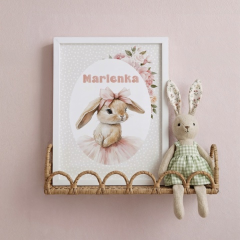 Plakat Króliczek Balerina z kokardą i z imieniem, dekoracja do pokoju dziewczynki