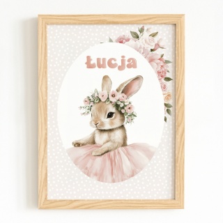 Plakat Króliczek Balerina z kwiatkami i z imieniem, dekoracja do pokoju dziewczynki