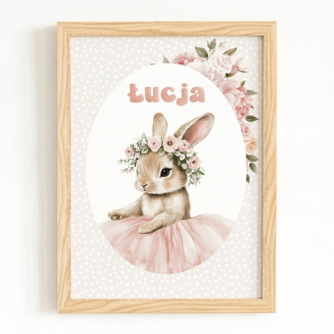 Plakat Króliczek Balerina z kwiatkami i z imieniem, dekoracja do pokoju dziewczynki