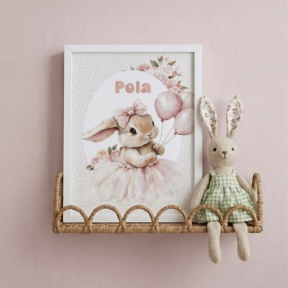 Plakat Króliczek Balerina z balonikami i z imieniem, dekoracja do pokoju dziewczynki