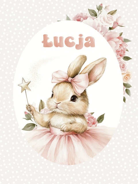 Plakat Króliczek Balerina wróżka z imieniem, dekoracja do pokoju dziewczynki