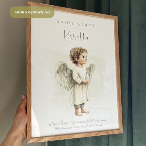 Anioł Stróż z imieniem dziecka, pamiątka Chrztu lub Komunii dla chłopca