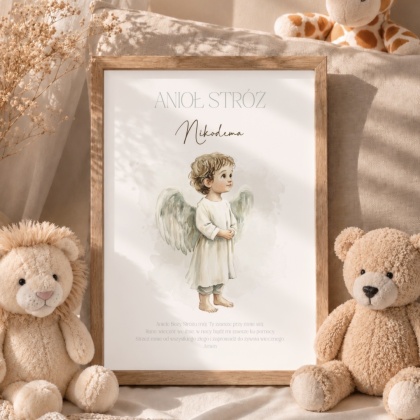 Pamiątka Chrztu Świętego – Anioł Stróż Nikodema A4 w ramce - modlitwa Aniele Boży – personalizowana ramka dla chłopca